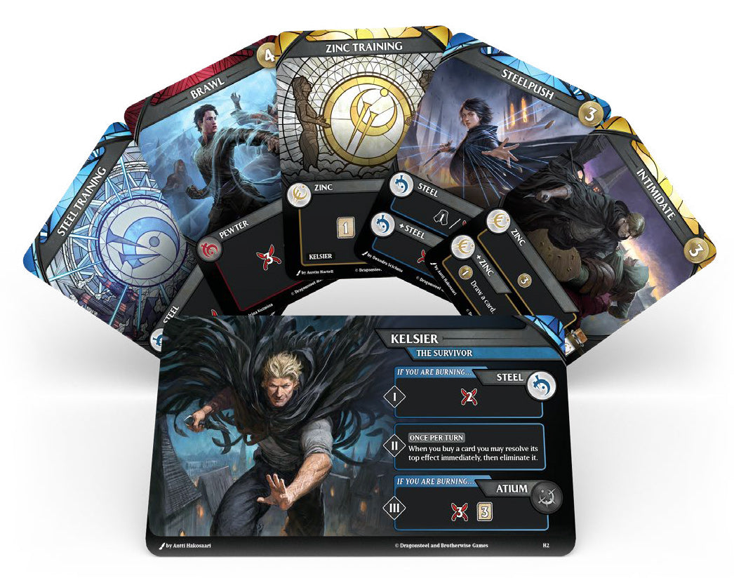 Mistborn Deck Building Game character cards and gameplay