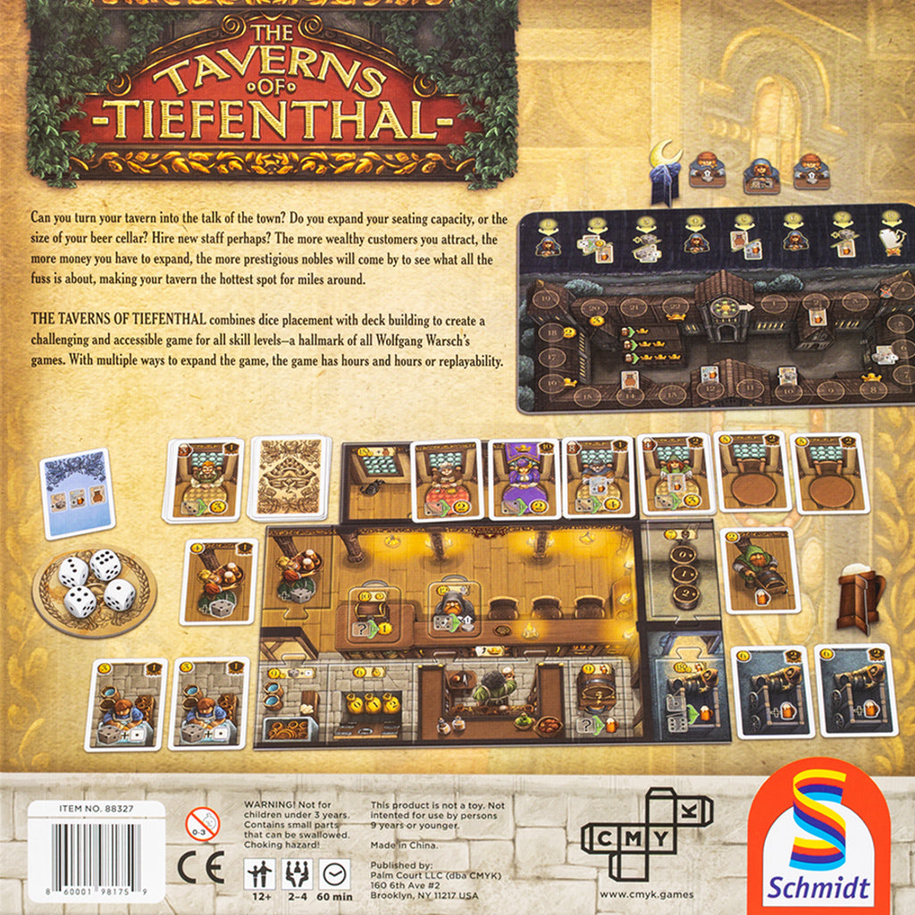 The Taverns of Tiefenthal game components including tavern boards, dice, and customer cards