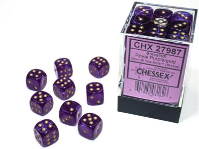 Chessex - Borealis 12mm d6 Royal purple/gold luminary dice block (36 dice)