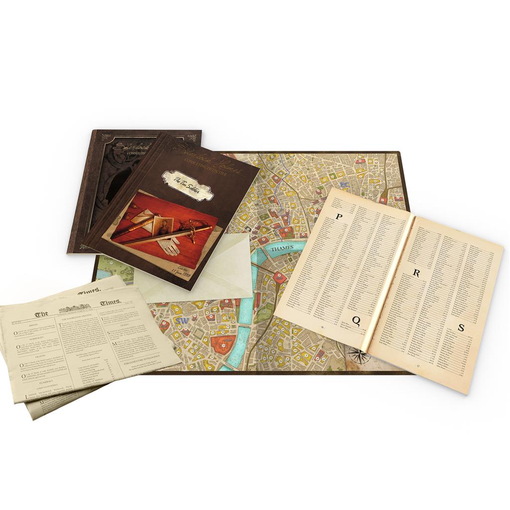 Sherlock Holmes The Thames Murders and Other Cases game components including case files, maps, and investigation materials