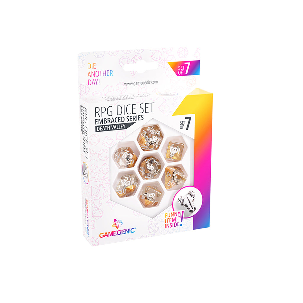 RPG Dice Set Embraced Series - Death Valley Set of 7 close-up showing desert-themed details