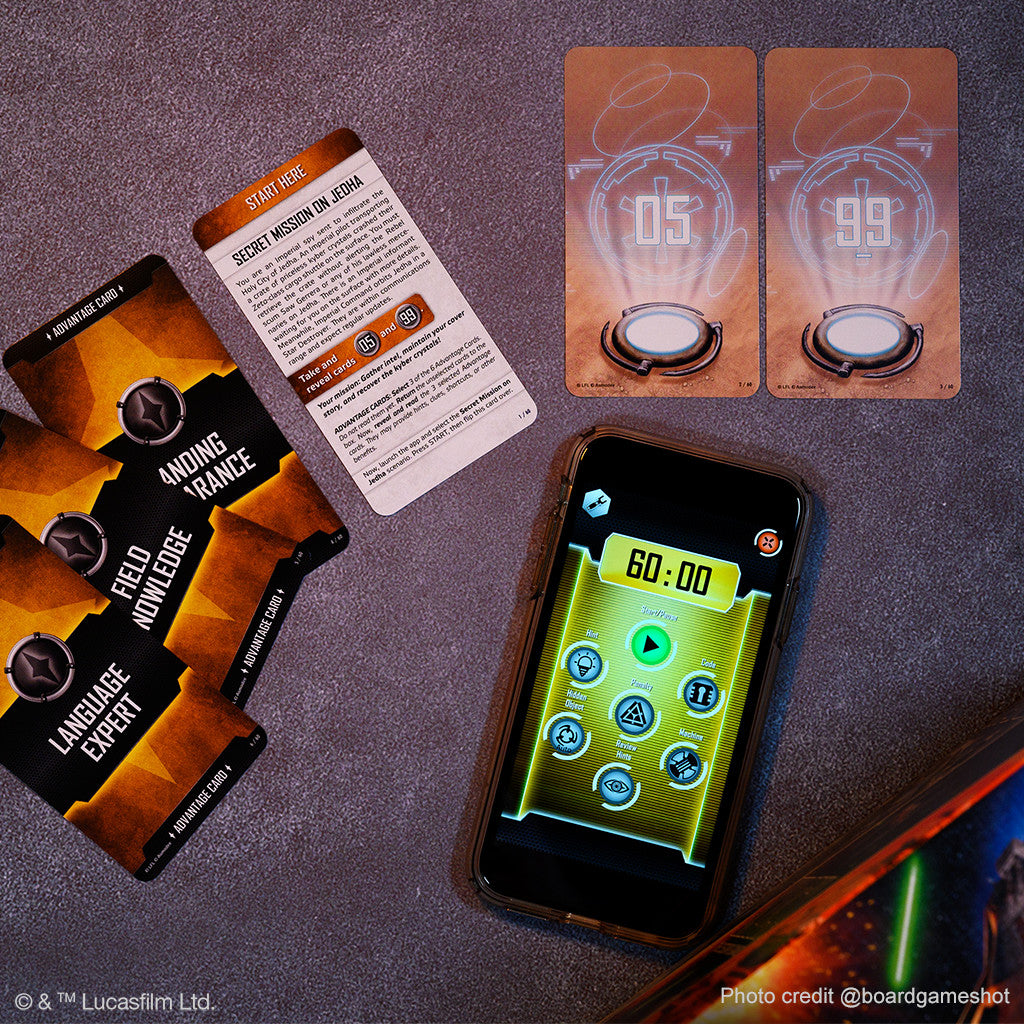 UNLOCK!: Star Wars board game component spread with adventure cards