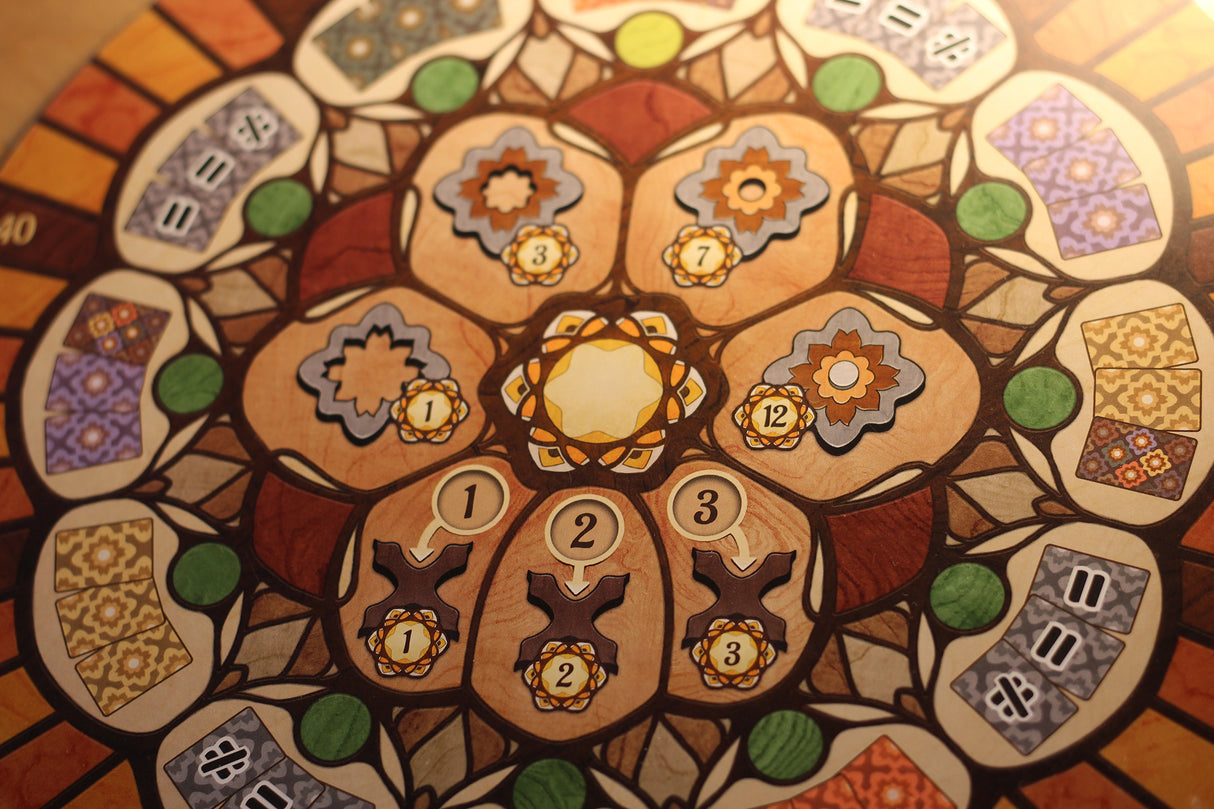 Intarsia detailed game pieces and artisan tokens