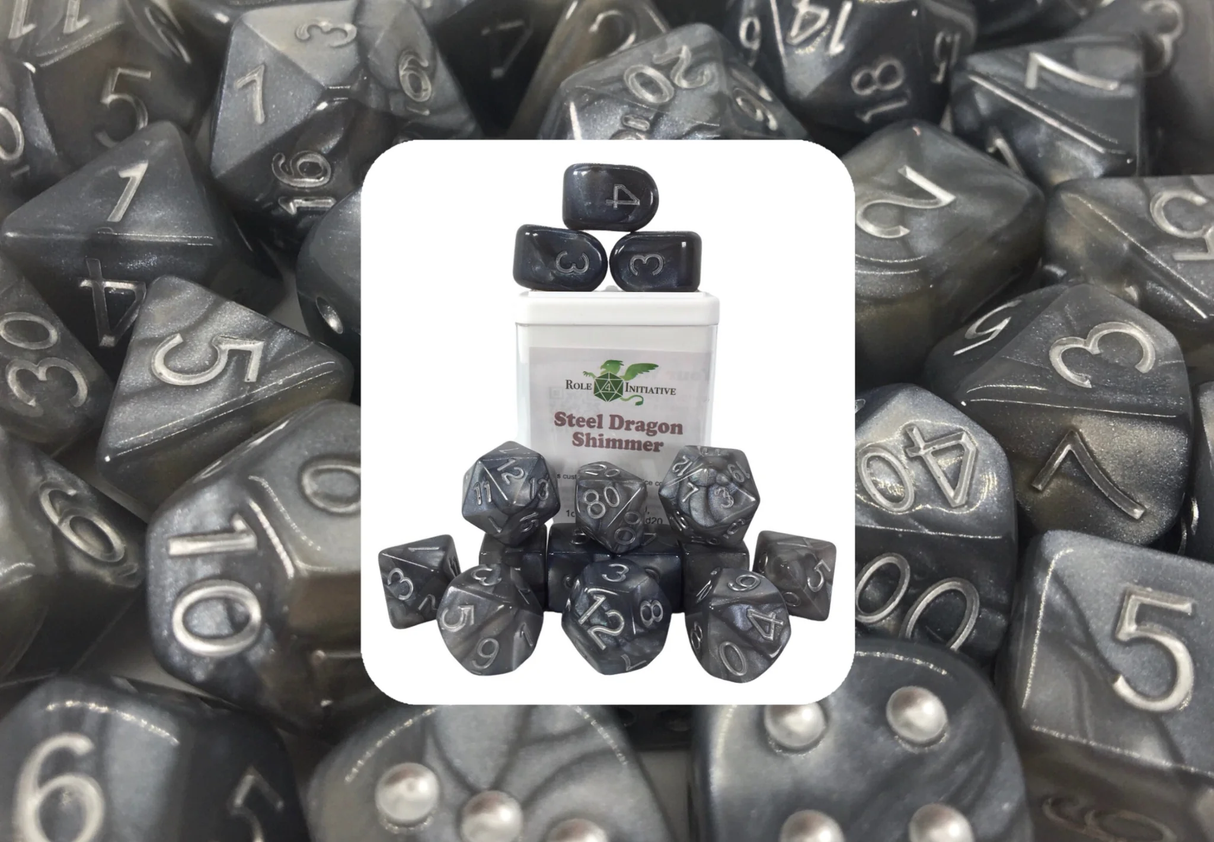 Polyhedral Dice: Steel Dragon Shimmer - set of 15 | Elderwoods