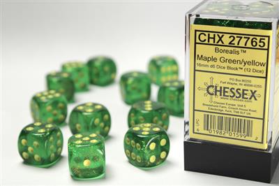 Chessex - Borealis 16mm d6 Maple green/yellow dice block (12 dice)