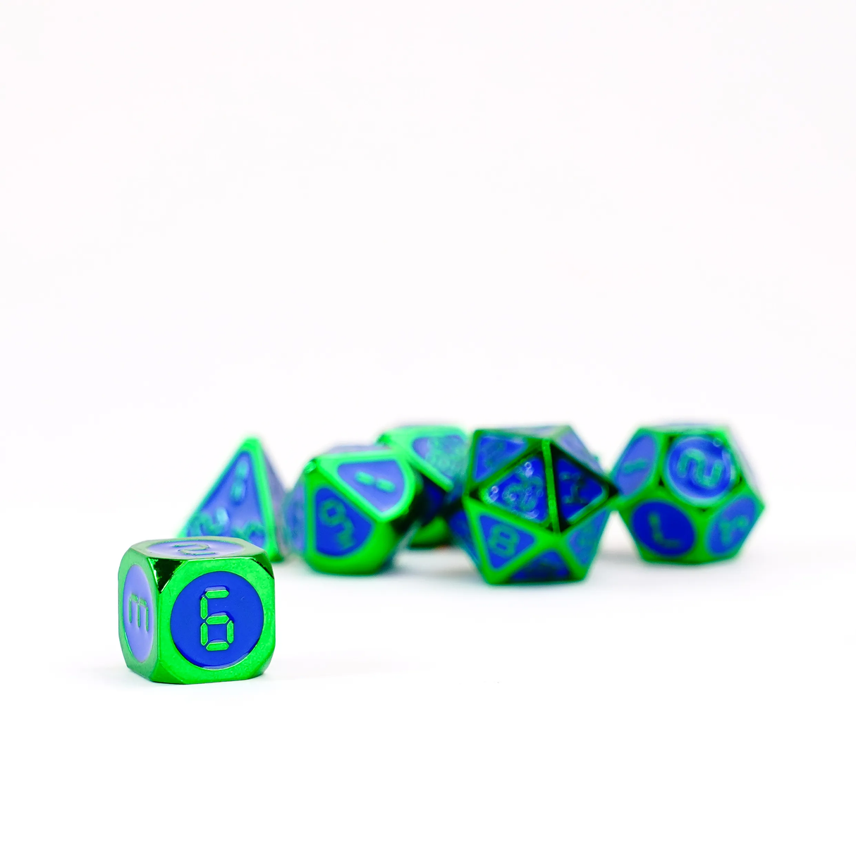 16mm Metal Polyhedral Dice: Green w Blue Enamel individual dice view