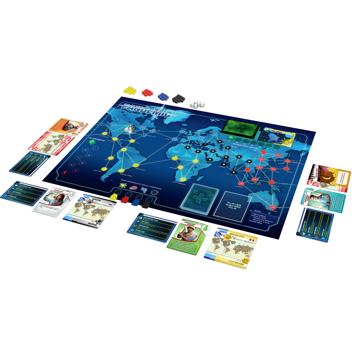 Pandemic game components and research stations