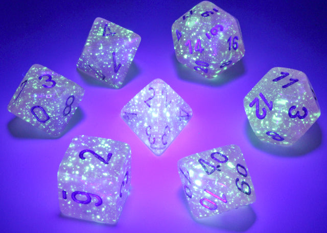 Chessex - Borealis Polyhedral Pink/silver luminary 7 die set RPG showing translucent pink dice with silver numbers