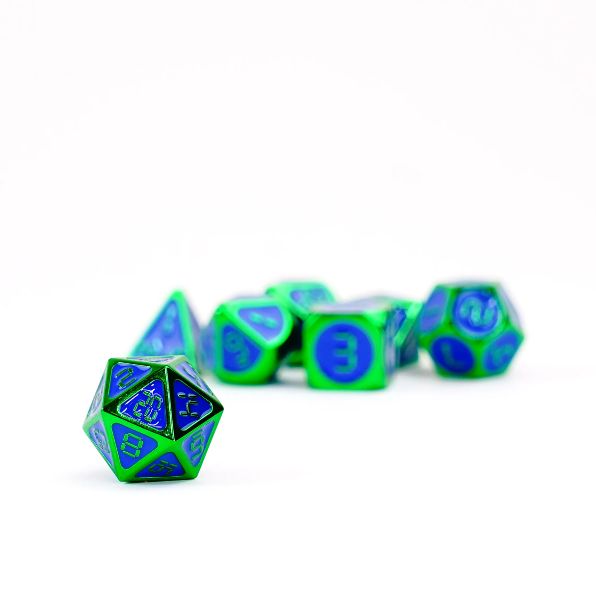 16mm Metal Polyhedral Dice: Green w Blue Enamel | Elderwoods