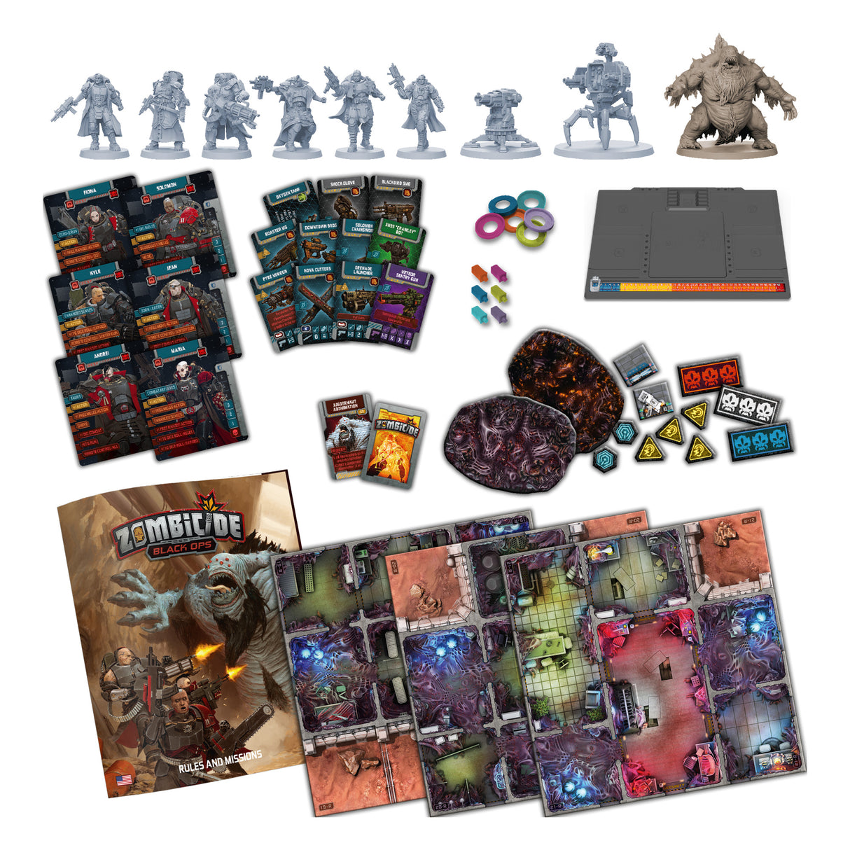 Zombicide Black Ops game components including survivor miniatures, weapons, and tactical gear