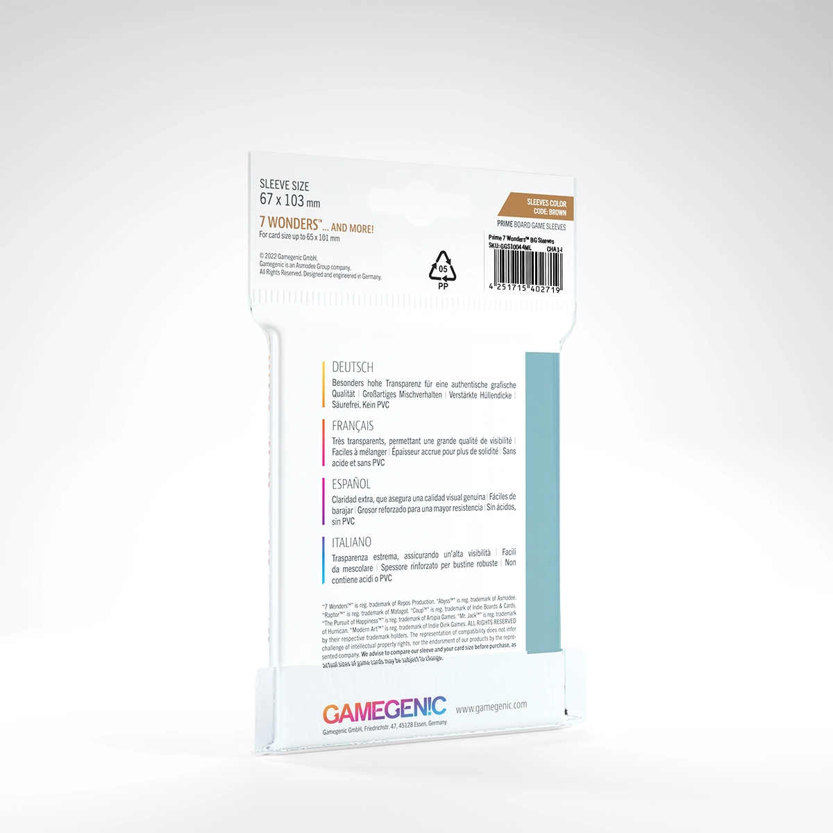 Gamegenic: Prime Sleeves 7 Wonders (67 x 103 mm) code: Brown