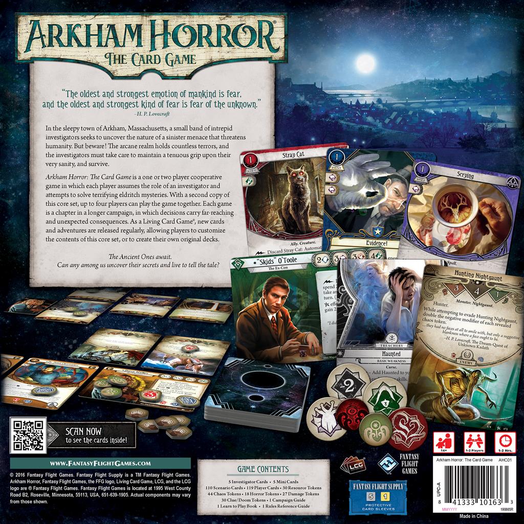 Arkham Horror: The Card Game RPG gameplay setup with location cards and chaos tokens