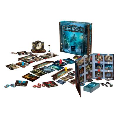 Mysterium game components including vision cards and psychic investigation mechanics