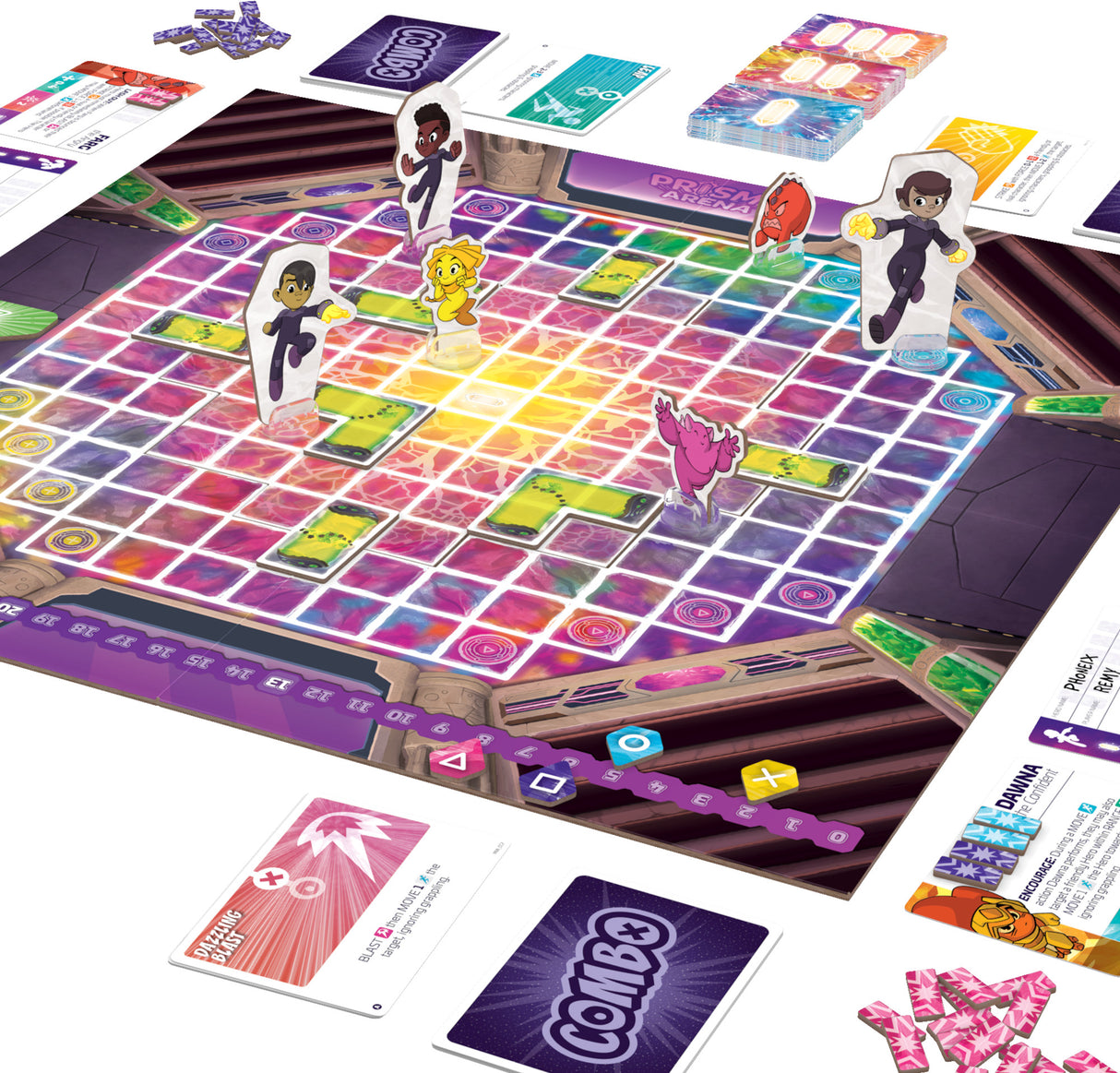 Prisma Arena board game box and miniatures