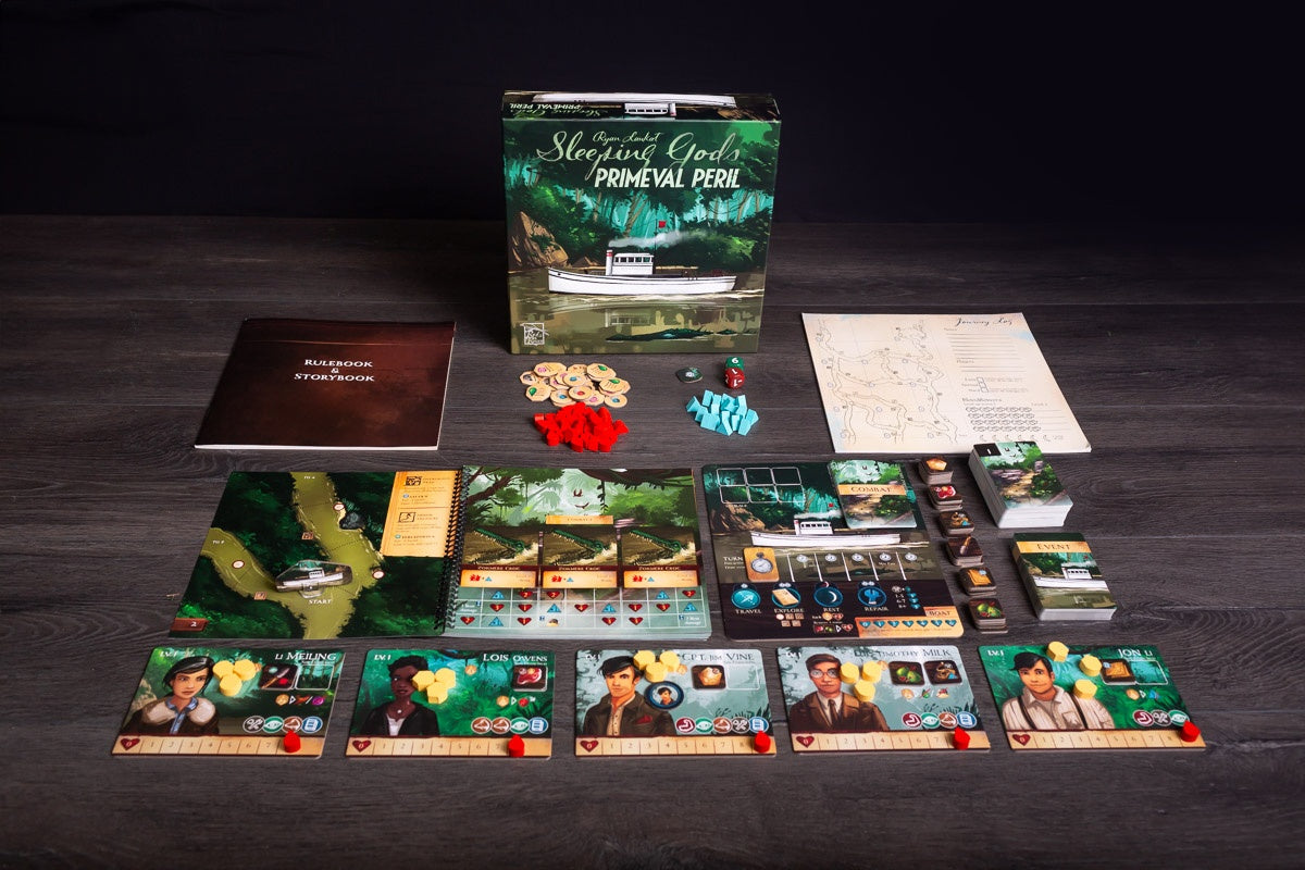 Sleeping Gods: Primeval Peril game box showing adventure artwork and components