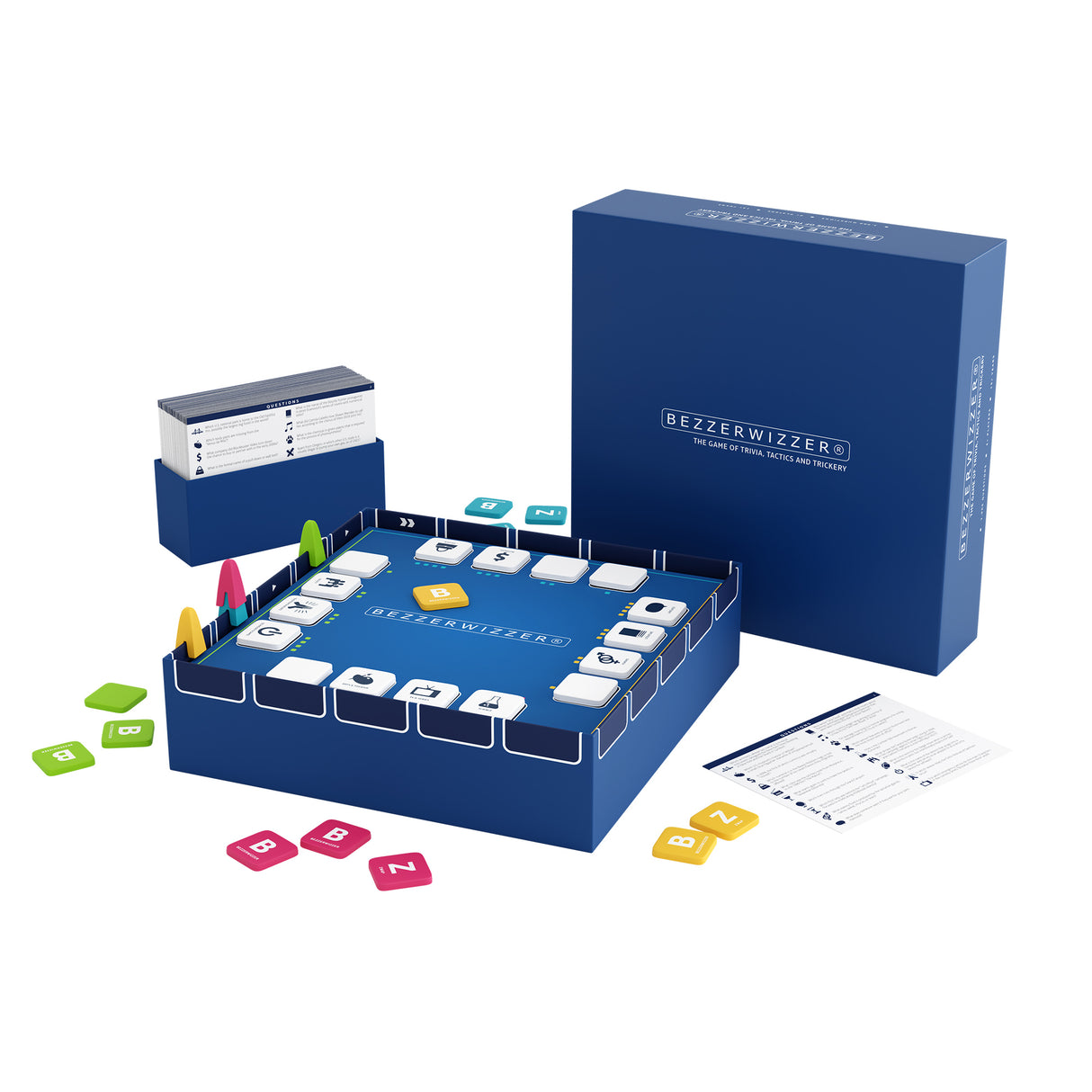 Bezzerwizzer trivia game components and question tiles