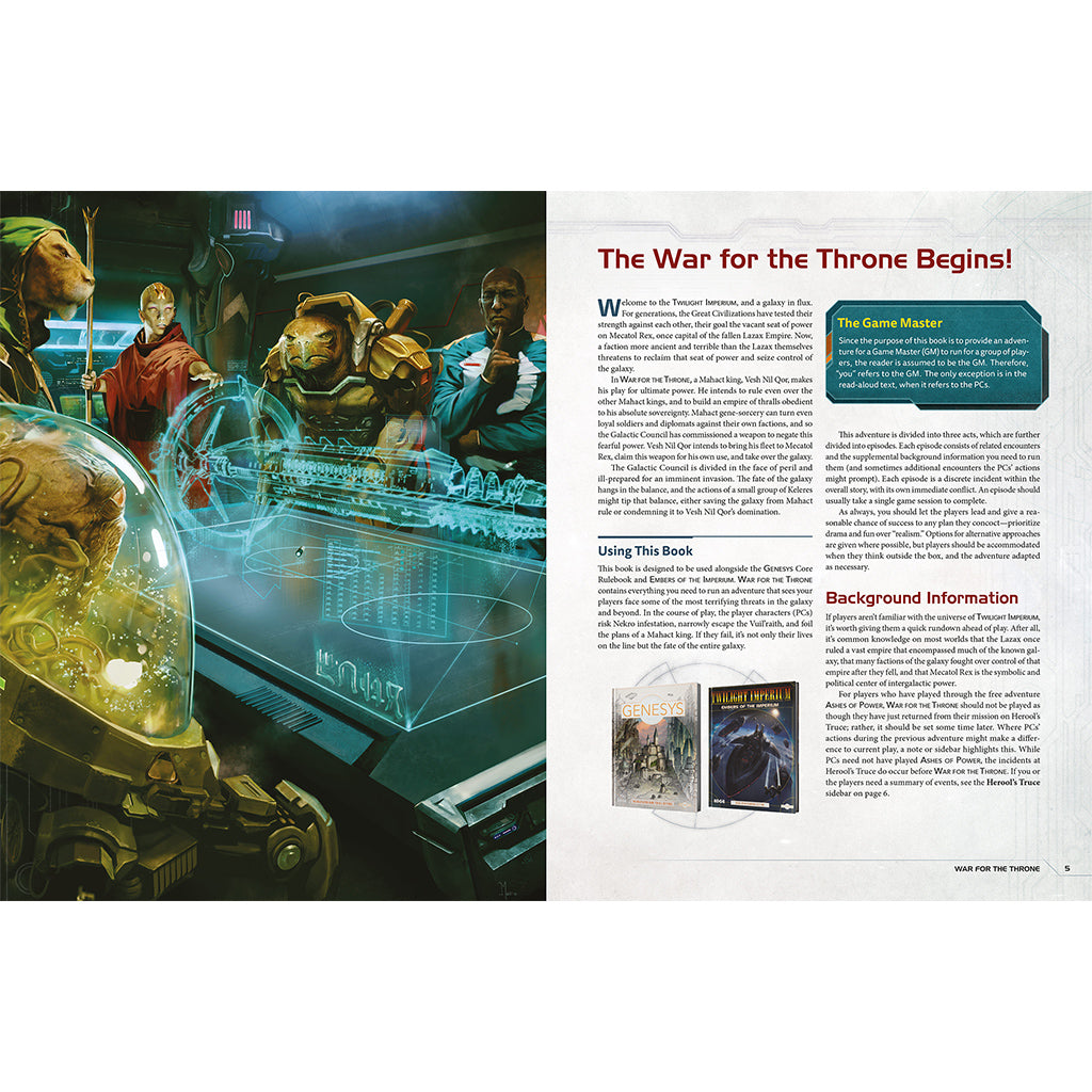 Genesys: Twilight Imperium RPG - War for the Throne RPG interior pages with adventure content