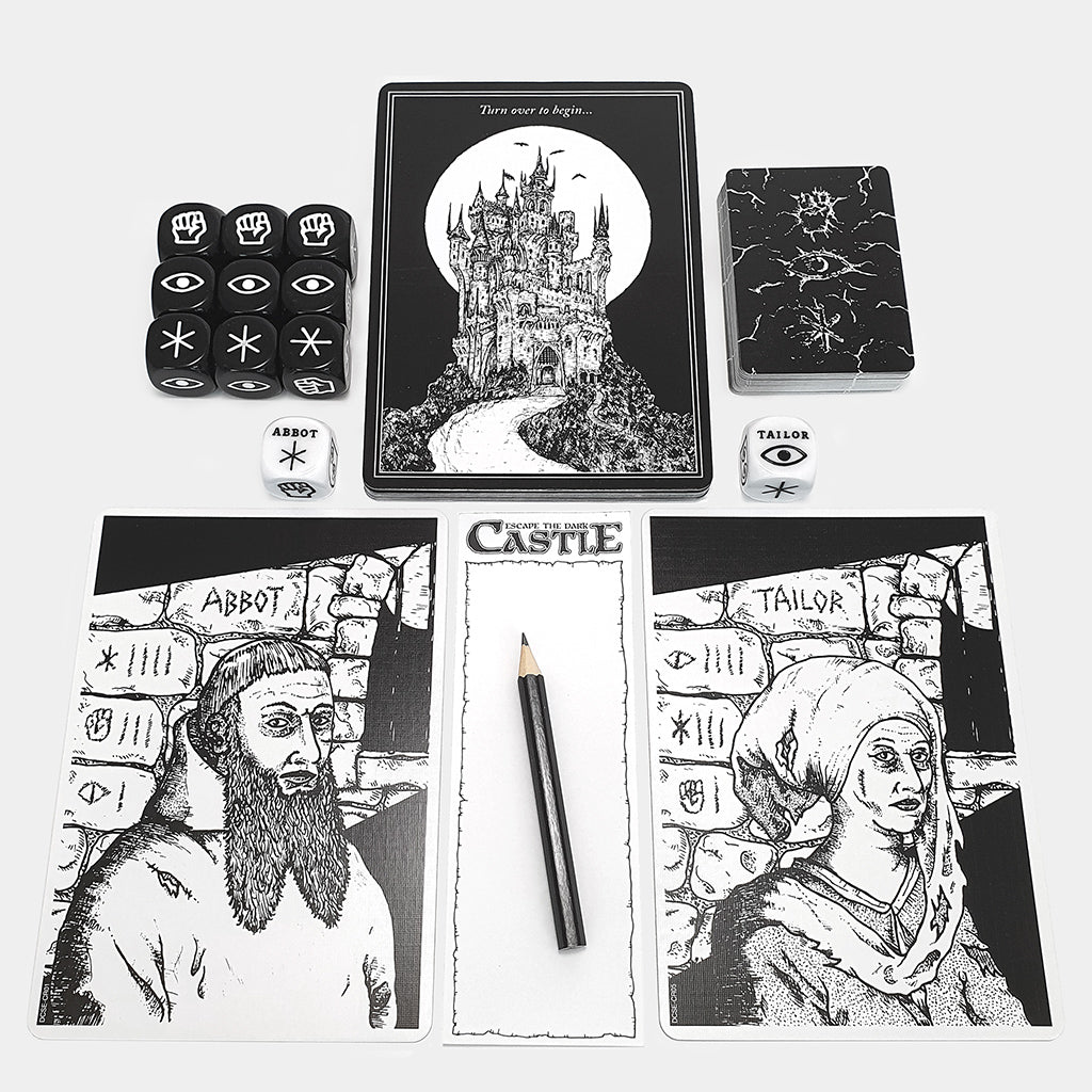 Escape the Dark Castle game components including character cards, dice, and chapter cards