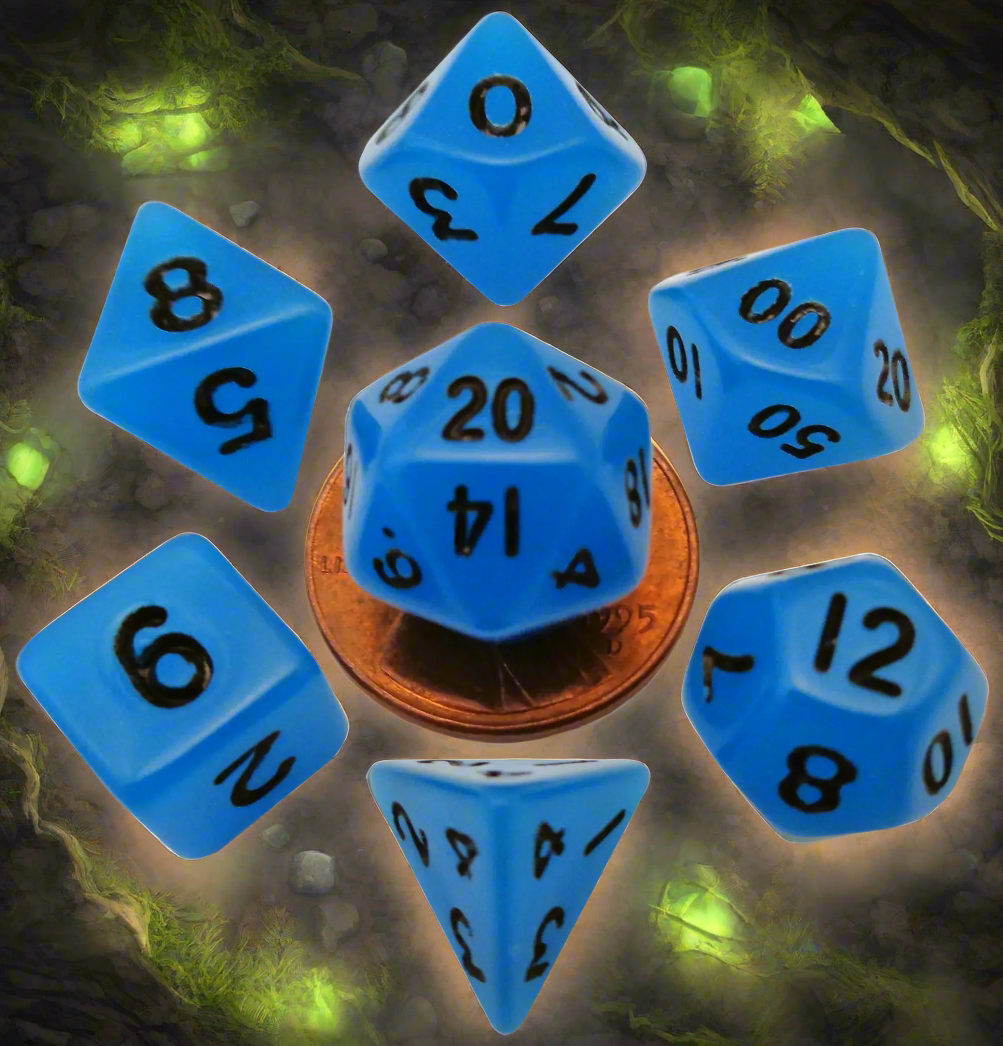 7 count Mini Poly Dice Glow Blue with Black Numbers