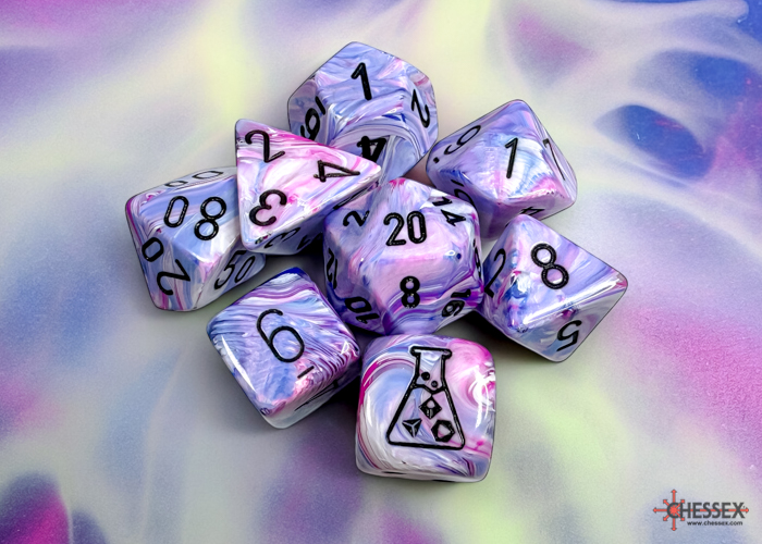 Lab Dice 8: Polyhedral 7-Die Set (w/ bonus die) RPG showing translucent dice with color variations