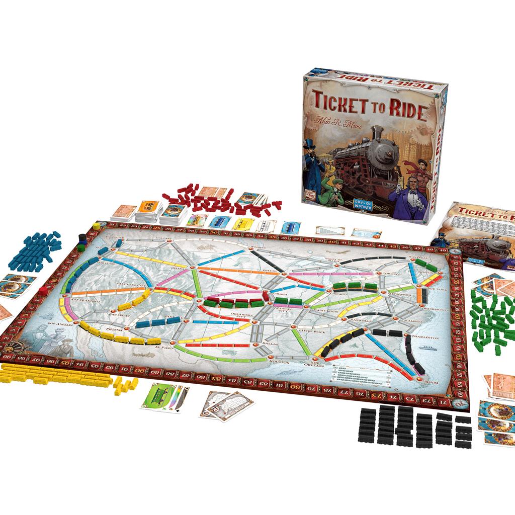 Ticket To Ride game components including train cards and route tickets