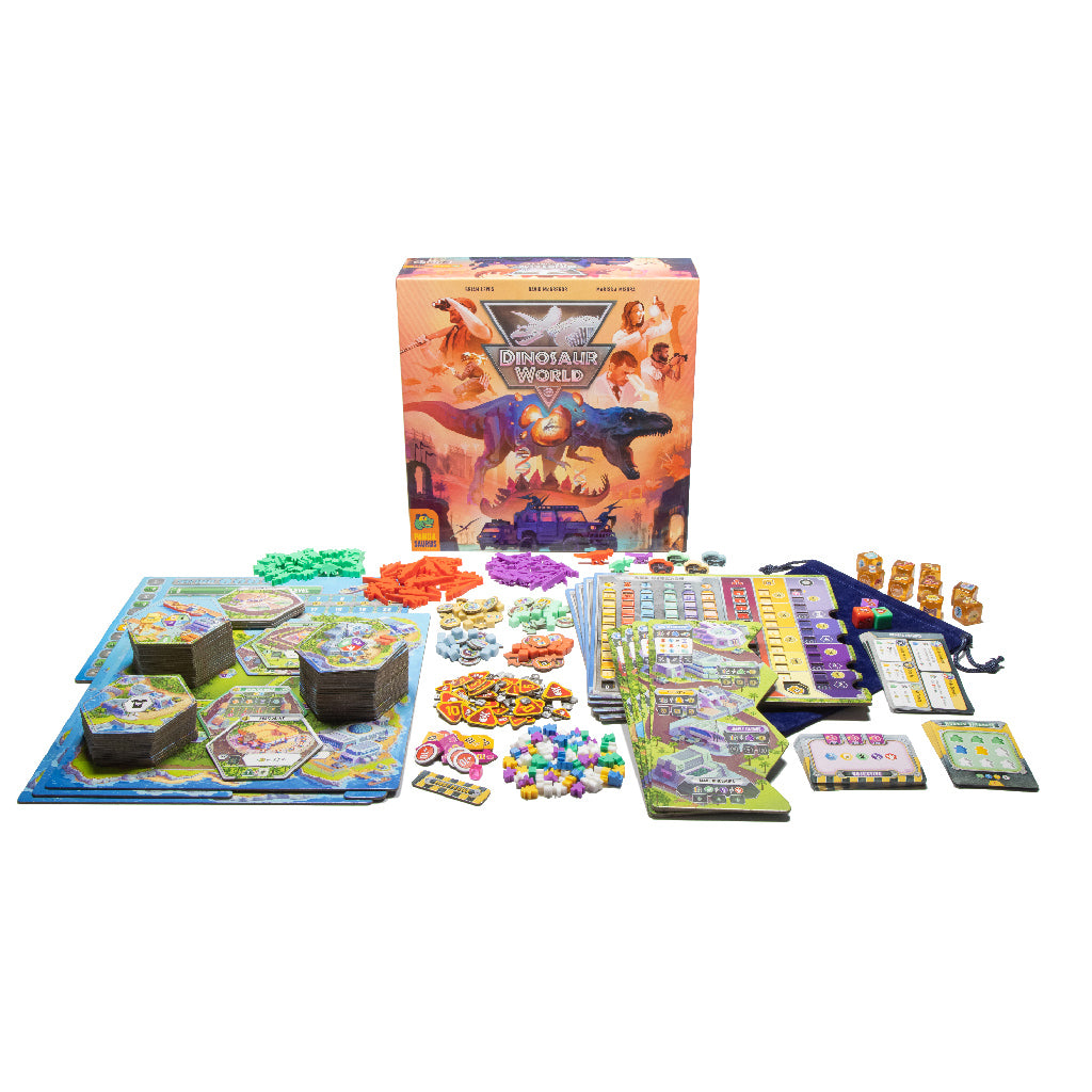 Dinosaur World game components including dinosaur meeples and theme park building tiles