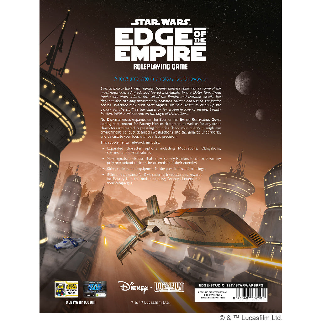 Star Wars - Edge of the Empire RPG: No Disintegrations [back cover with product details and description