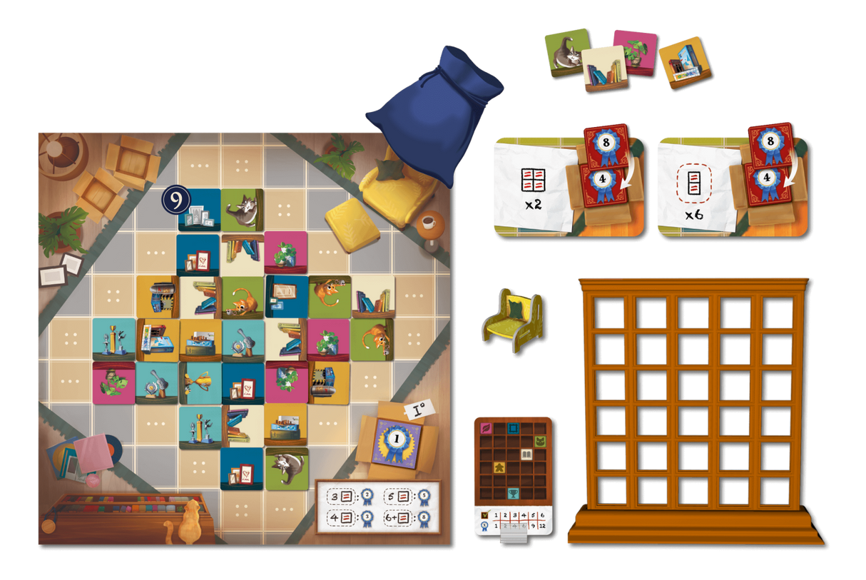 My Shelfie gameplay components including item tiles and shelf boards