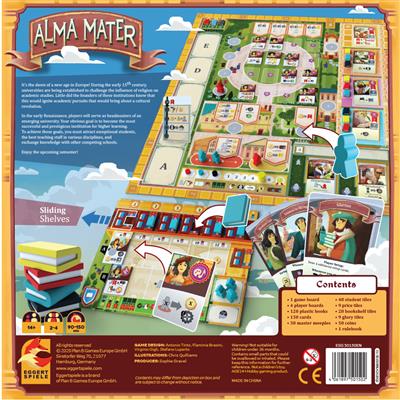 Alma Mater board game full setup showing gameplay elements and pieces