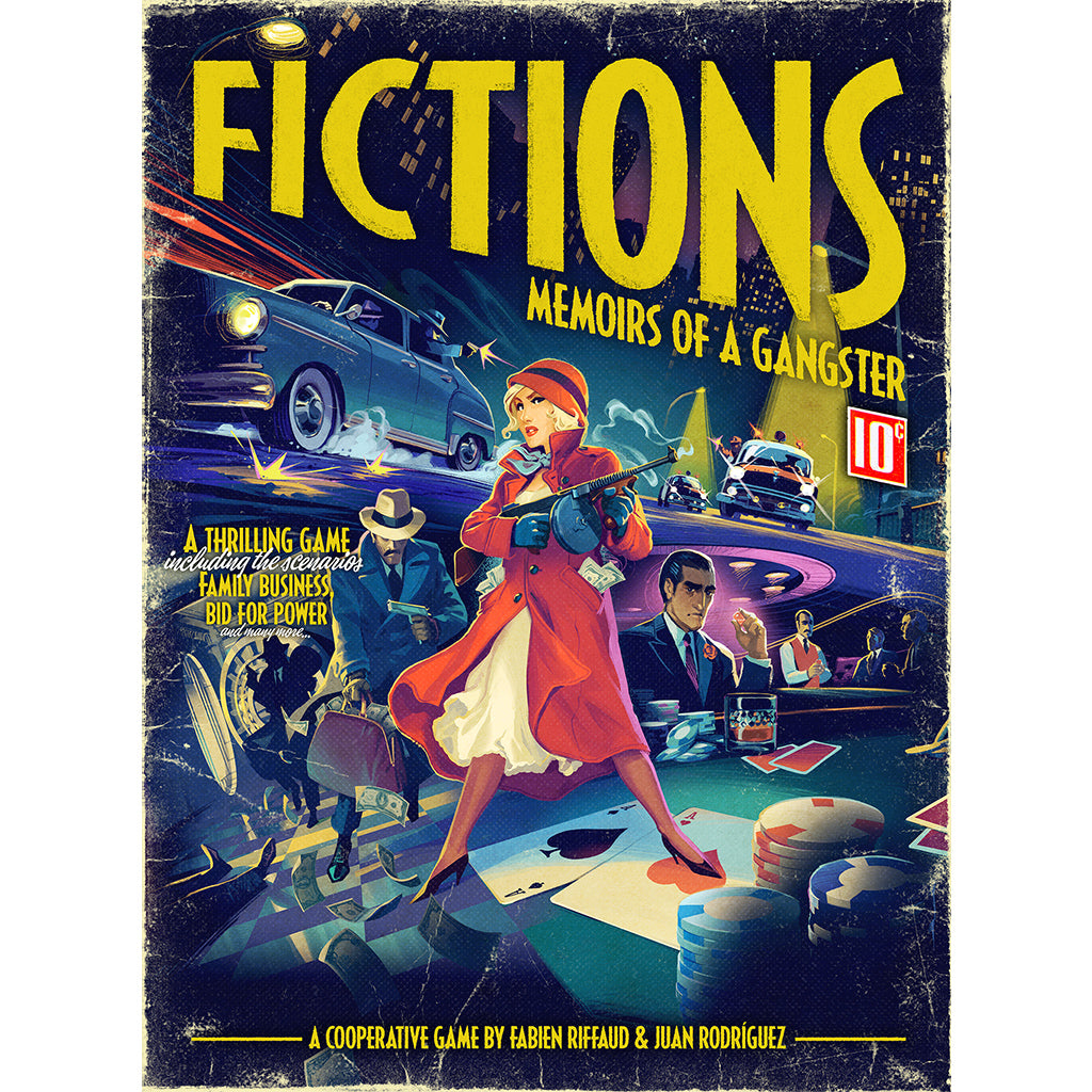 Fictions - Memoirs of a Gangster board game component spread with cards and tokens