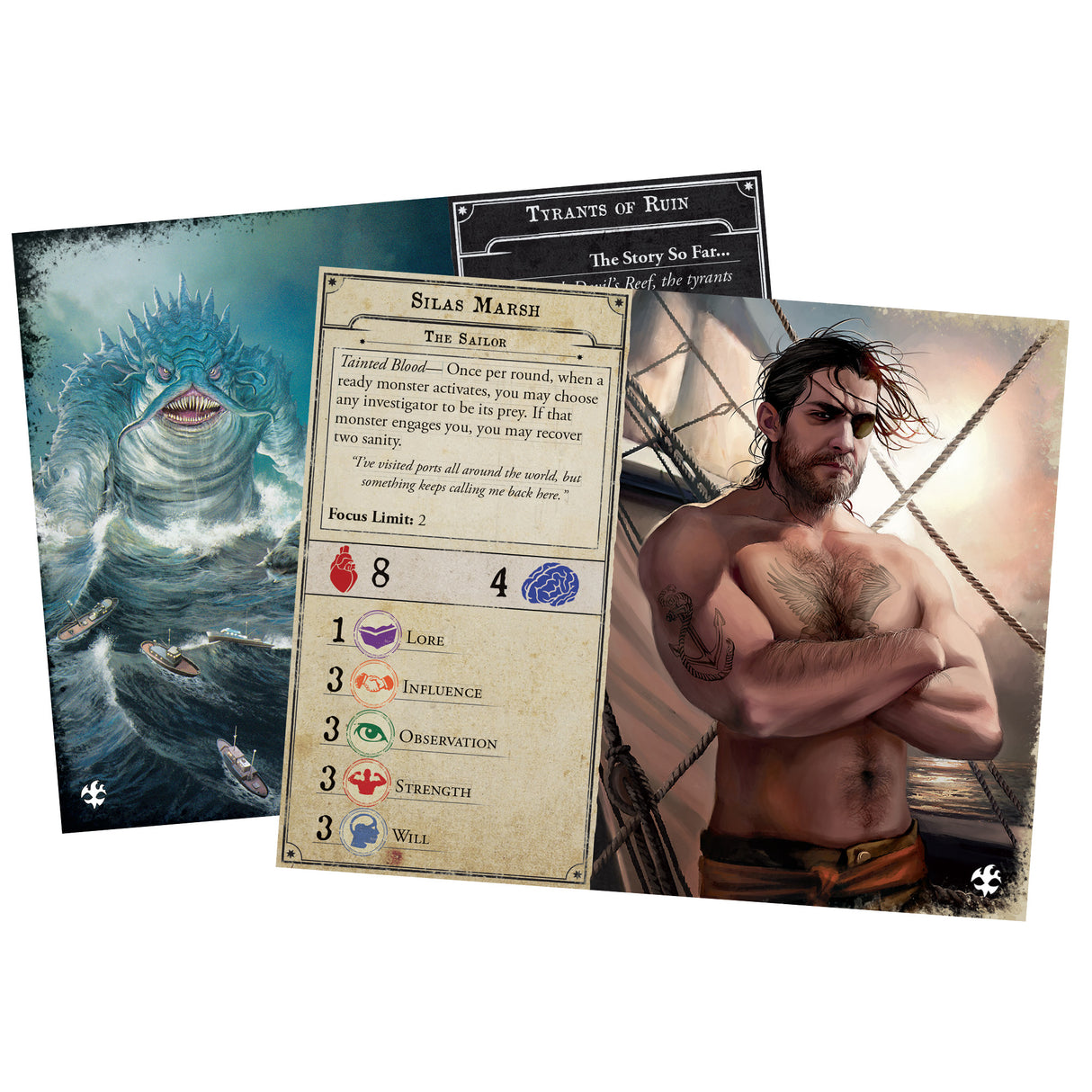 Arkham Horror: Under Dark Waves Expansion game components and scenario cards
