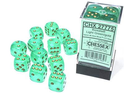 Chessex - Borealis 16mm d6 Light green/gold Luminary dice block (12 dice)