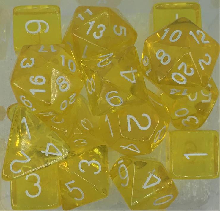Polyhedral Dice: Translucent Yellow w/ White Numbers - Set of 15 | Elderwoods