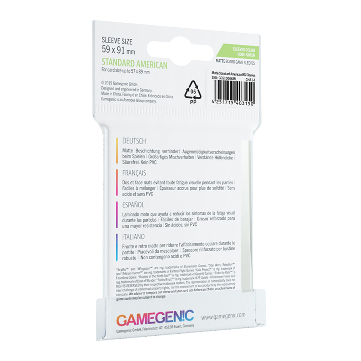 Gamegenic: Sleeve Green Matte Standard American