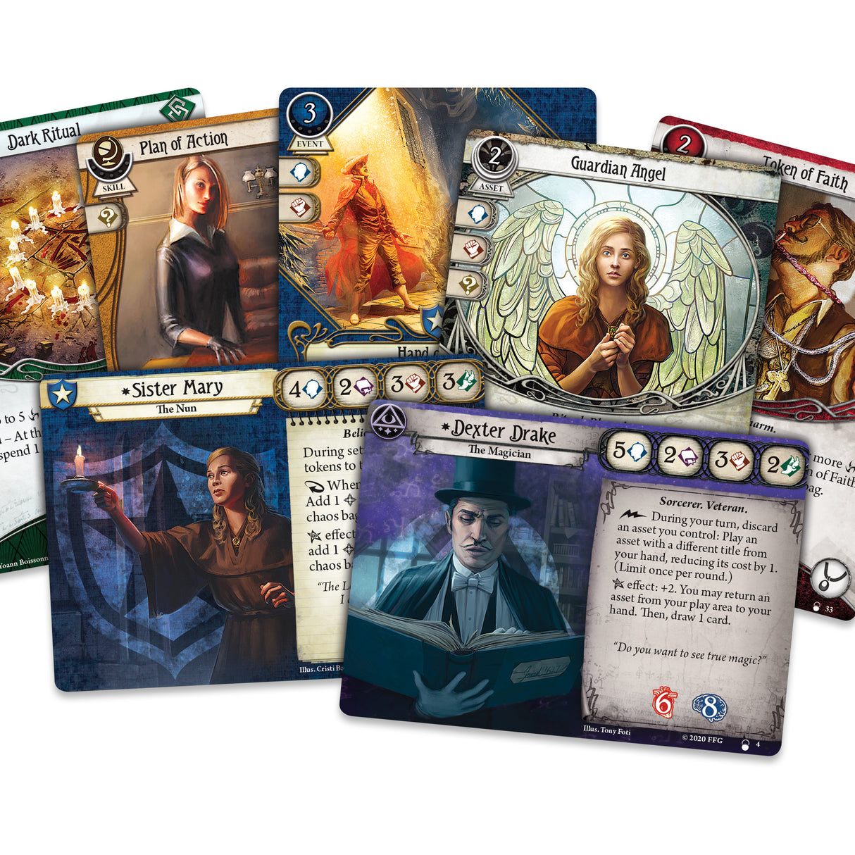 Arkham Horror: TCG - The Innsmouth Conspiracy gameplay setup with investigator cards