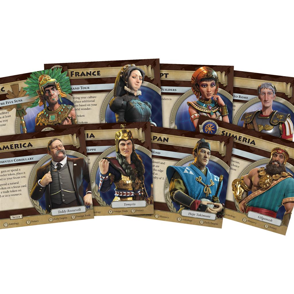 Sid Meier's Civilization A New Dawn detailed game pieces featuring focus bars and victory conditions