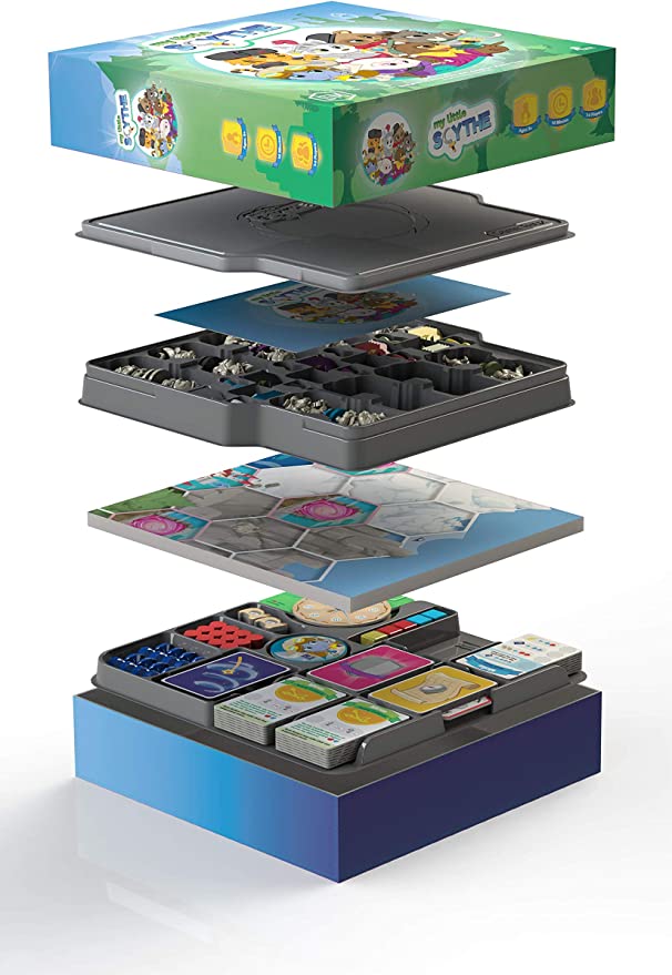 My Little Scythe gameplay setup with kingdom board