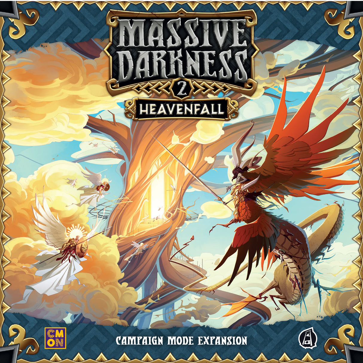 Massive Darkness 2 Heavenfall game components including hero miniatures and dungeon tiles