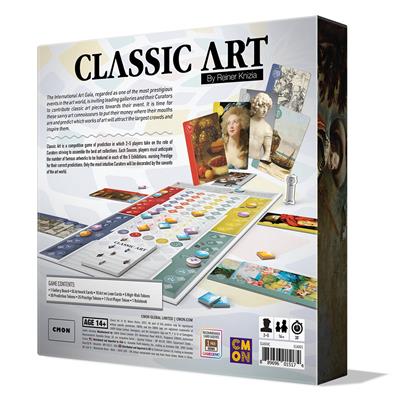 Classic Art board game component spread with art cards and game pieces