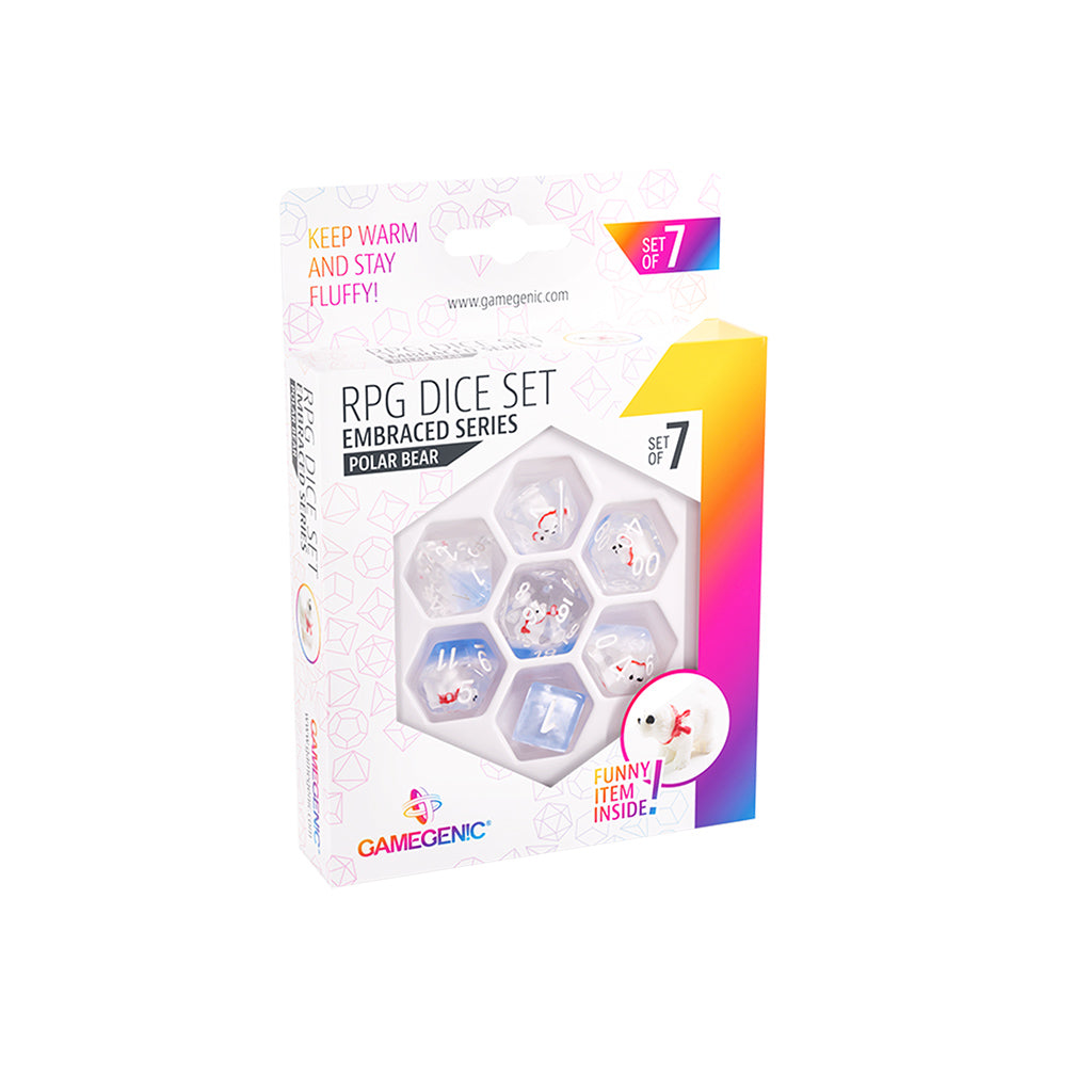 RPG Dice Set Embraced Series - Polar Bear Set of 7 close-up showing embedded polar bear figures