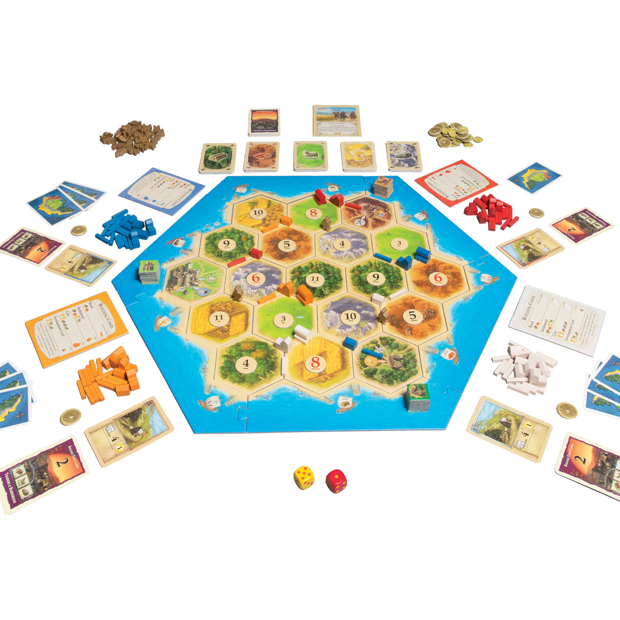 Catan: Expansion: Traders and Barbarians game components and pieces