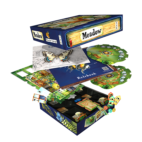 Meadow game components including nature observation cards and wildlife discovery mechanics
