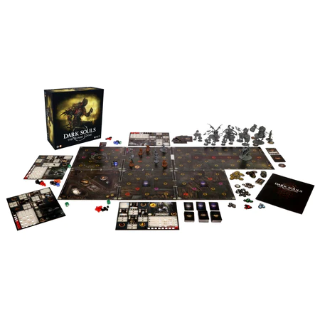 Dark Souls tabletop game components and player boards.