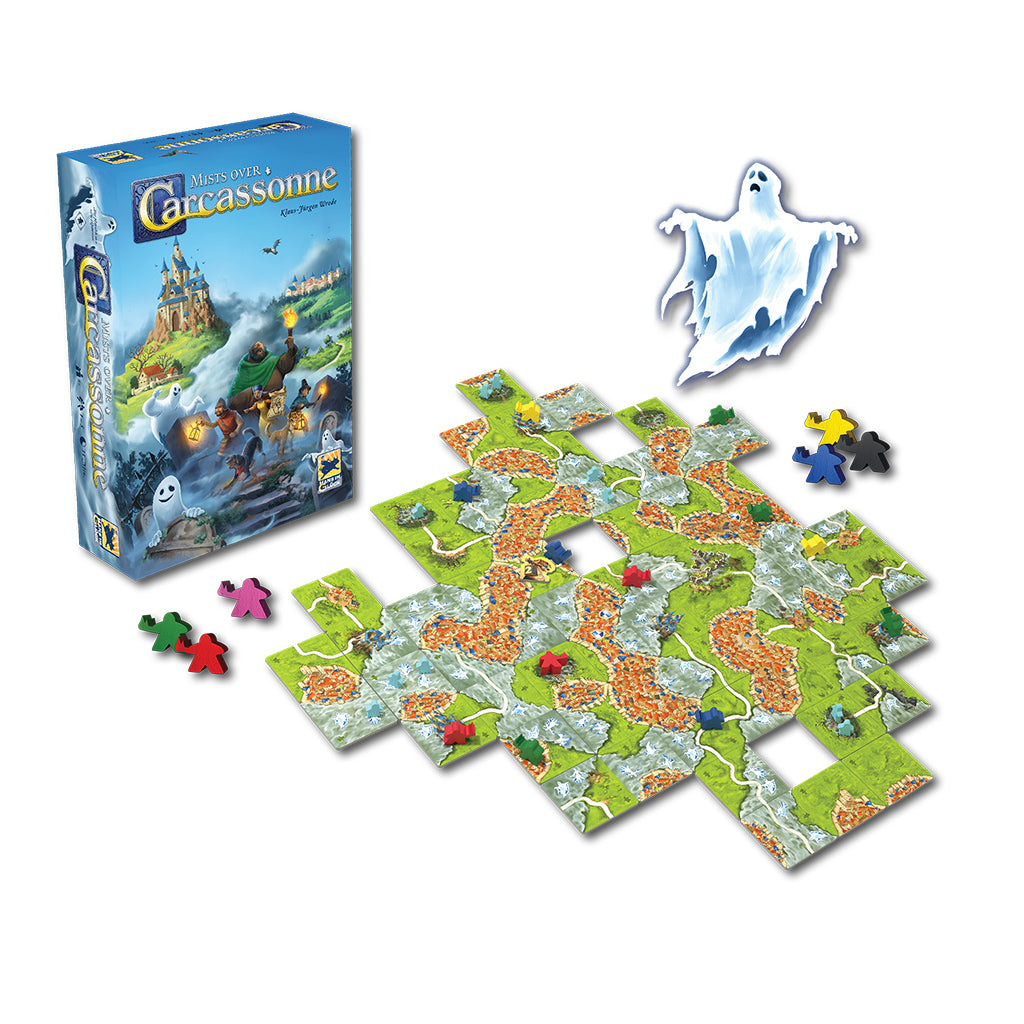Mists Over Carcassonne board game tiles and meeples