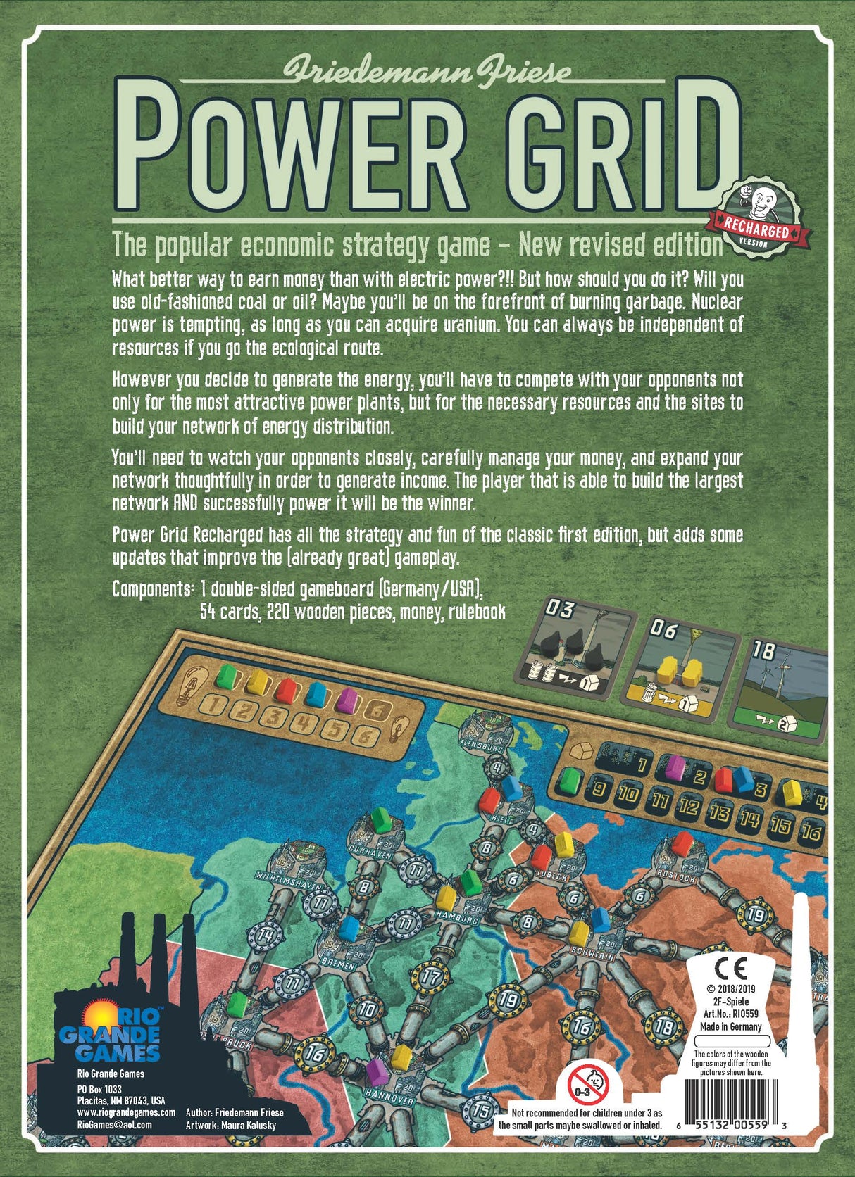 Power Grid: Recharged Edition power plant cards and game board