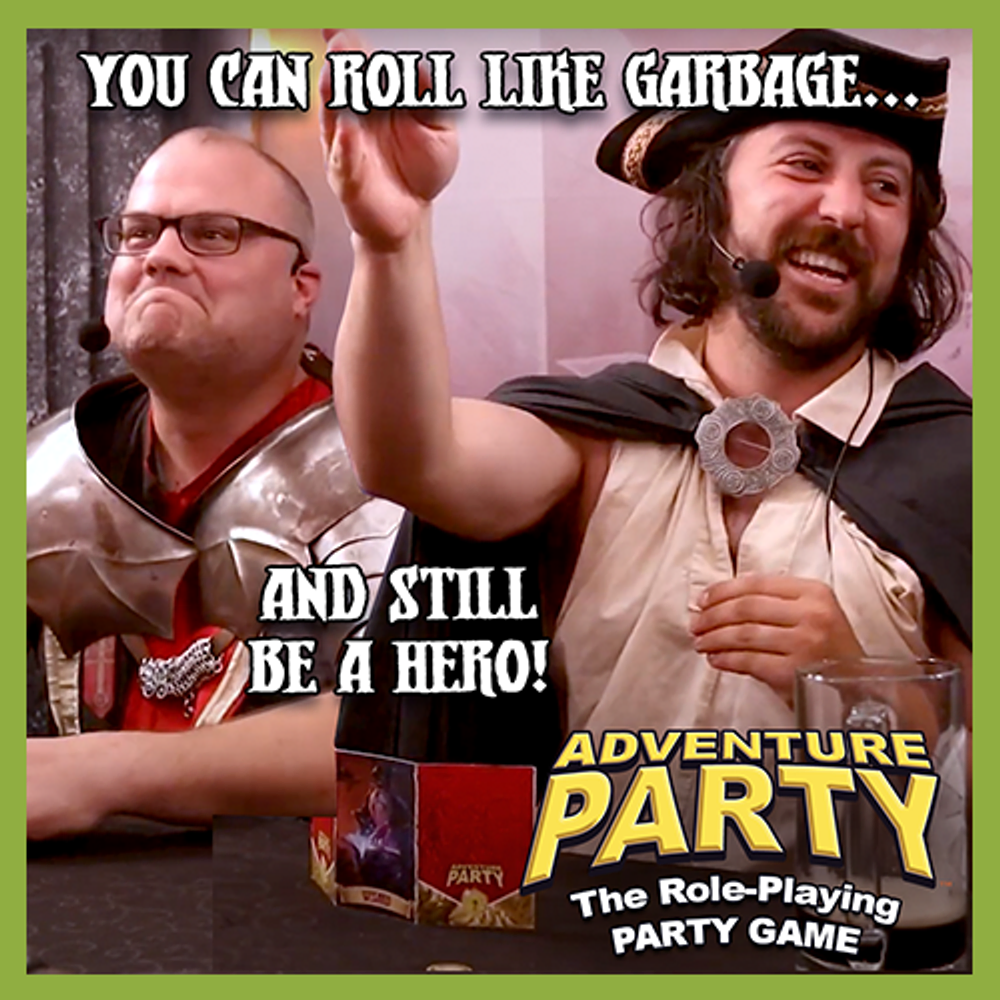 Adventure Party: The Role-Playing Party Game component spread with cards and tokens