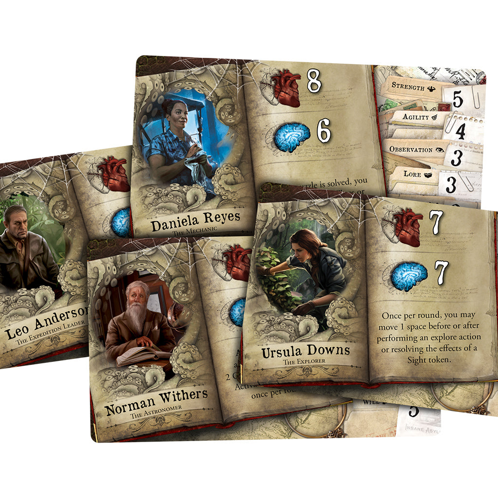 Mansions of Madness: Path of the Serpent investigator miniatures and cards