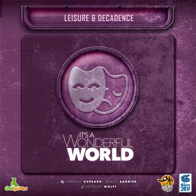 It's a Wonderful World: Leisure & Decadence board game expansion box showing game components and artwork