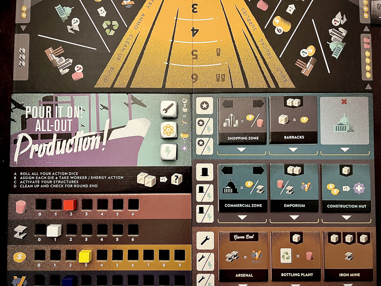 Manhattan Project: War Machine board game player boards and tokens