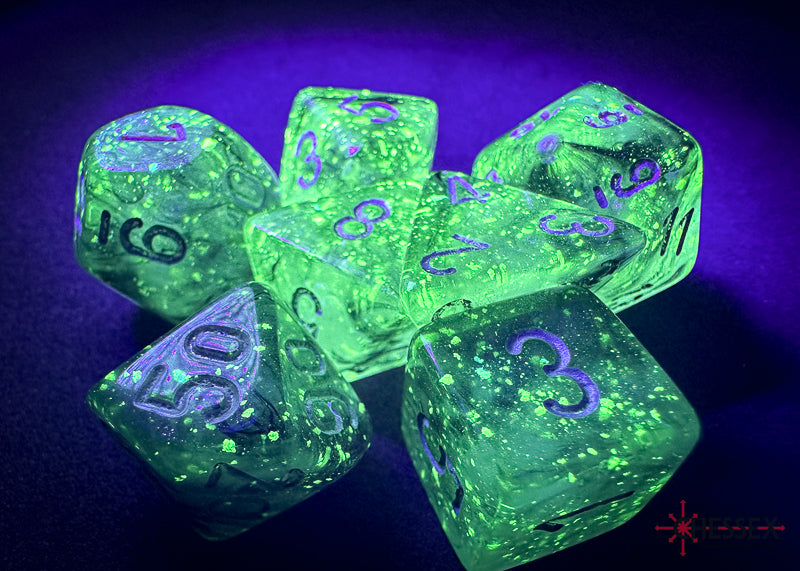 Chessex - Borelais Polyhedral Light smoke/silver luminary 7 die set RPG showing translucent smoke dice with silver numbers